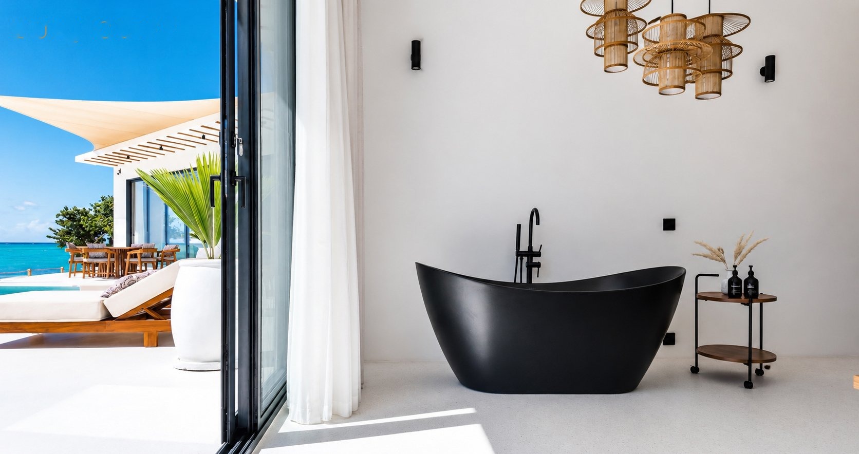 Freestanding bathtub with ocean view at Zuri Cliff villa