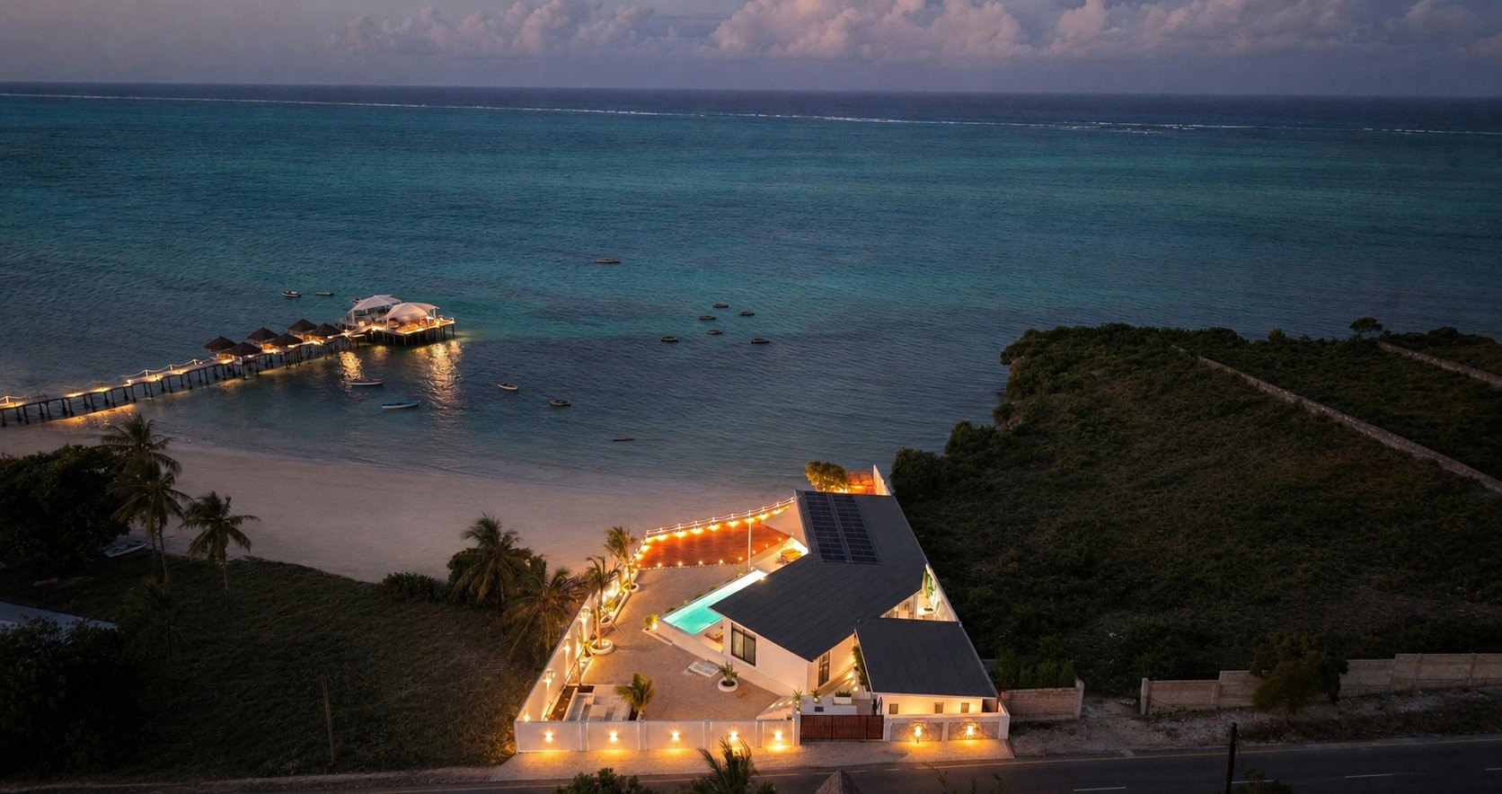 Twilight over the Zanzibar coastline near Zuri Cliff villa